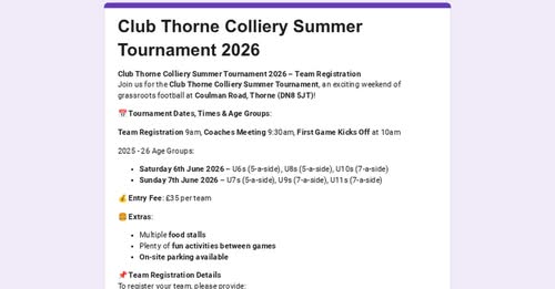 Club Thorne Colliery Summer Tournament 2026 listing