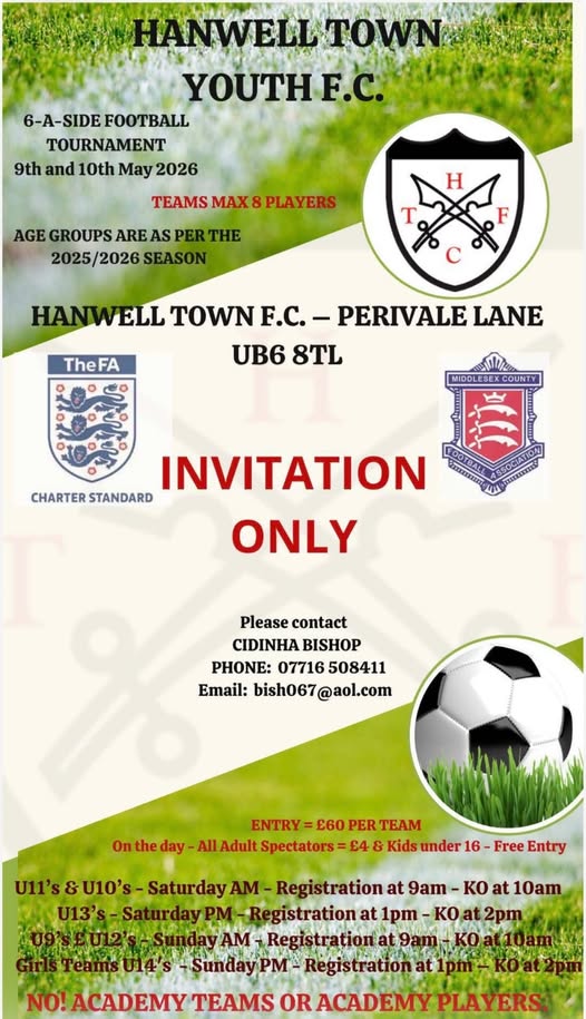 Hanwell Town Youth F.C. 6-a-side Tournament flyer